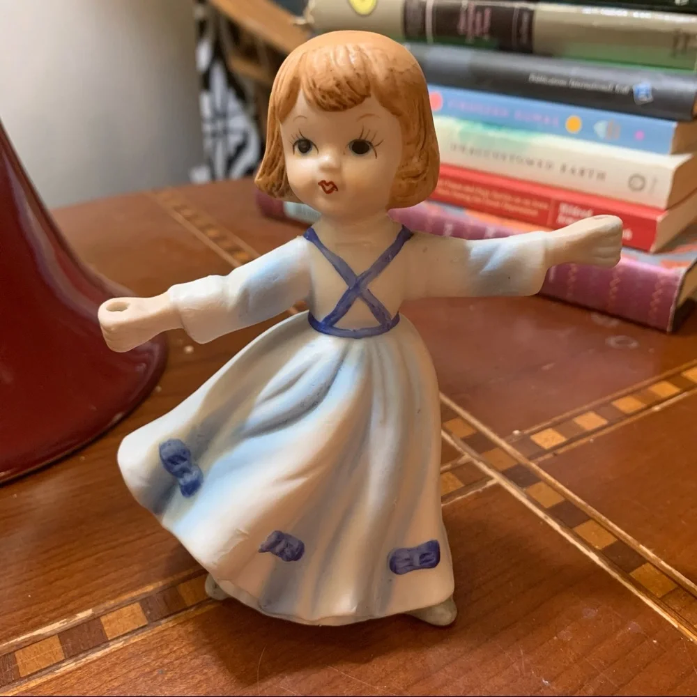 Vintage Blue Birthday Girl Candleholder Figurine Cake Topper Decoration Gift